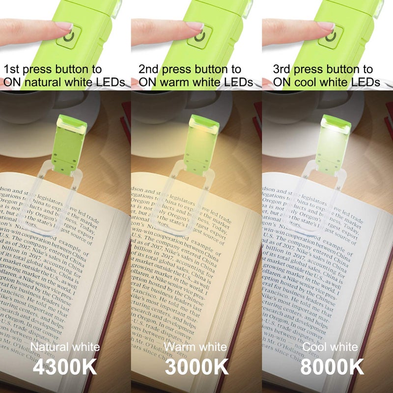 HONWELL Rechargeable Book Light, Clip On LED Reading Lights for Kids Reading in Bed, 3 Brightness Levels Dimmable Bookmark Light for Eye-Protection, Portable Reading Lamp for Bookworms, Travel(Green) - Image 3